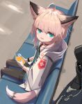  1girl 1other :d ^_^ absurdres ahoge animal_ears arknights black_choker black_legwear black_skirt black_wristband blue_eyes blue_shirt bottle brown_hair choker closed_eyes couch doctor_(arknights) eyebrows_visible_through_hair flat_chest fox_ears fox_girl fox_tail gloves highres holding holding_bottle infection_monitor_(arknights) izumo_(ton_63) jacket looking_at_viewer open_clothes open_jacket pantyhose shirt sitting skirt smile solo_focus sussurro_(arknights) tail white_gloves white_jacket 