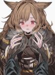  1girl animal_ears aogisa arknights bangs blush brown_hair ceobe_(arknights) commentary dog_ears dog_girl eyebrows_visible_through_hair fang highres long_hair long_sleeves parted_lips red_eyes scarf skin_fang symbol-only_commentary upper_body 