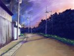  cable cloud commentary_request evening geshi grass lamp lamppost no_humans original plant power_lines road scenery sign sky tree twilight utility_pole 