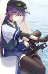  1girl akebono_(kancolle) black_legwear blue_skirt blush brown_gloves eyebrows_visible_through_hair fishing_rod flower gloves hair_between_eyes hair_flower hair_ornament highres holding holding_fishing_rod kantai_collection long_hair looking_at_viewer pallad pink_flower pleated_skirt purple_eyes purple_hair remodel_(kantai_collection) school_uniform serafuku short_sleeves side_ponytail skirt solo thighhighs 