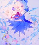  1girl arms_up bangs blue_bow blue_eyes blue_hair blue_shirt blue_skirt bow bowtie buttons cirno collar collared_shirt eyebrows_visible_through_hair flower flying gradient gradient_background grey_background hair_between_eyes hands_up highres ice ice_wings kokonoe826 leaf light looking_at_viewer open_mouth puffy_short_sleeves puffy_sleeves purple_flower red_bow red_bowtie shadow shirt short_hair short_sleeves skirt smile solo touhou wings wrist_cuffs 