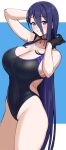  1girl arms_up back_cutout bangs black_gloves breasts choker cleavage clothing_cutout competition_swimsuit gloves highleg highleg_swimsuit highres large_breasts legs_together looking_at_viewer one-piece_swimsuit original purple_eyes purple_hair side_cutout smile solo sukebewe swimsuit thighs 