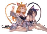  2girls ;) ahoge animal_ear_fluff animal_ears bangs bare_legs bare_shoulders barefoot bikini bikini_top bikini_under_clothes black_bikini black_hair blue_eyes blush breasts cat_ears cat_girl cat_tail claw_pose cleavage closed_mouth collarbone cosplay expressionless eyebrows_visible_through_hair feet_out_of_frame green_eyes grey_jacket hand_in_hair hand_on_own_cheek hand_on_own_face holding jacket juice_box karyl_(princess_connect!) karyl_(princess_connect!)_(cosplay) kemonomimi_mode knees_up long_hair long_sleeves looking_at_viewer medium_breasts multicolored_hair multiple_girls off_shoulder one_eye_closed open_clothes open_jacket orange_hair pecorine_(princess_connect!) princess_connect! short_shorts shorts simple_background sitting small_breasts smile streaked_hair swimsuit tail tota_(sizukurubiks) twintails two-tone_hair v-shaped_eyebrows very_long_hair wariza white_background white_hair white_shorts 
