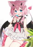  1girl :d ahoge animal_ear_fluff animal_ears bare_shoulders bed_sheet black_gloves black_sailor_collar black_shirt black_wings blue_eyes blurry blurry_foreground blush collarbone commentary_request commission demon_girl demon_horns demon_tail demon_wings depth_of_field double_scoop fingerless_gloves food gloves high-waist_skirt holding holding_food horns ice_cream ice_cream_cone indie_virtual_youtuber kujou_danbo leg_warmers looking_at_viewer low_twintails md5_mismatch nail_polish neckerchief pink_hair pink_legwear pink_nails pixiv_commission red_neckerchief resolution_mismatch sailor_collar sakurada_hane shirt short_twintails sitting skirt sleeveless sleeveless_shirt smile socks solo source_larger striped_clothes striped_socks tail twintails vertical-striped_clothes vertical-striped_socks virtual_youtuber wariza white_background white_skirt wings 