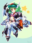  1girl \m/ ai-kun bikini boots chibi cosplay full_body green_hair highres macross macross_frontier mecha_musume midriff ranka_lee red_eyes seikan_hikou short_hair smile solo star_(symbol) swimsuit tei-o thigh_boots thighhighs variable_fighter_girls vf-25 vf-25_(cosplay) 