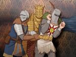  3boys armor dark_souls_(series) dark_souls_i essor0706 full_armor gauntlets grabbing grabbing_from_behind helmet knight_lautrec_of_carim knight_of_astora_oscar multiple_boys scared shoulder_armor solaire_of_astora sun tabard 