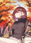  1girl 92m ahoge autumn autumn_leaves bangs bench blush breasts brown_jacket brown_sweater eyebrows_visible_through_hair highres jacket large_breasts long_hair looking_up medium_hair off_shoulder original outdoors red-framed_eyewear sitting smile solo sweater 