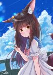  1girl alternate_costume animal_ears azur_lane bangs black_hair blue_sky blunt_bangs blurry blush bow casual cloud cloudy_sky commentary_request contemporary depth_of_field dress eyebrows_visible_through_hair food fox_ears fox_girl fox_tail holding holding_food long_hair looking_at_viewer m_ko_(maxft2) nagato_(azur_lane) parted_lips popsicle sailor_dress short_sleeves sidelocks signature sky solo tail yellow_eyes 
