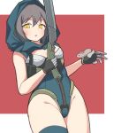  1girl :o animal_on_hand apex_legends ash_(titanfall_2) black_gloves black_hair blue_leotard blush breasts caraku cleavage cleavage_cutout clothing_cutout eyebrows_visible_through_hair gloves highres holding holding_sword holding_weapon hood hood_up hooded_leotard humanization leotard mouse open_mouth short_hair single_thighhigh small_breasts solo sword thighhighs weapon 