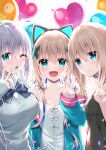  3girls :d ;o animal_ears balloon bangs bare_shoulders black_dress blonde_hair blue_bow blue_eyes blue_jacket blue_nails bow breasts cat_ear_headphones character_request closed_mouth collarbone collared_shirt commentary_request confetti dress eyebrows_visible_through_hair fake_animal_ears fang grey_sweater hair_between_eyes hair_ornament headphones heart_balloon indie_virtual_youtuber jacket long_hair long_sleeves looking_at_viewer medium_breasts multiple_girls nail_polish off_shoulder one_eye_closed open_clothes open_jacket original plaid plaid_bow school_uniform shirt signature silver_hair sleeves_past_wrists small_breasts smile sparkle sweater tia-chan uchuuneko uchuuneko_(vtuber) unmoving_pattern v very_long_hair white_background white_dress white_shirt x_hair_ornament 