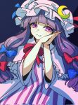  1girl :3 bangs bow commentary crescent crescent_hat_ornament dress hair_bow hat hat_ornament highres long_hair mob_cap multi-tied_hair myuga66666 one-hour_drawing_challenge own_hands_together patchouli_knowledge purple_eyes purple_hair ribbon solo touhou 