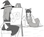  2girls bad_id bad_twitter_id bangs between_breasts bow breasts closed_mouth commentary cookie_(touhou) detached_sleeves drawing easel english_commentary eyebrows_visible_through_hair frilled_skirt frills full_body greyscale hair_bow hair_tubes hakurei_reimu hat hat_bow holding holding_pencil kirisame_marisa large_breasts long_hair looking_at_another monochrome multiple_girls necktie necktie_between_breasts ohasi pencil pig plump puffy_short_sleeves puffy_sleeves reu_(cookie) shirt short_hair_with_long_locks short_sleeves sidelocks sitting skirt sleeveless sleeveless_shirt touhou uzuki_(cookie) vest witch_hat 