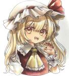  1girl alternate_hairstyle ascot bangs blonde_hair bow claw_pose eyebrows_visible_through_hair flandre_scarlet frilled_shirt_collar frilled_sleeves frills hair_between_eyes hat hat_ribbon highres hisako_(6anmbblfnjueeff) medium_hair mob_cap puffy_short_sleeves puffy_sleeves red_bow red_nails red_ribbon red_vest ribbon shirt short_sleeves solo touhou traditional_media two_side_up upper_body vest white_background white_headwear white_shirt wrist_cuffs yellow_neckwear 