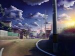  building cable cityscape cloud commentary_request fence geshi grass house no_humans original plant road scenery shade sky sunlight sunset town tree utility_pole wall 