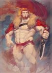  1boy bara bare_pectorals beard bulge cape character_name facial_hair fate/grand_order fate/zero fate_(series) highres holding holding_sword holding_weapon iskandar_(fate) luerstine male_focus male_pubic_hair male_underwear mature_male muscular muscular_male navel pectorals pubic_hair red_cape red_eyes red_hair solo sword thighs topless_male torn_underwear underwear weapon 