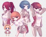  5girls adjusting_hair aegis_(persona) ahoge alternate_costume alternate_hairstyle android aqua_eyes aqua_hair bangs blonde_hair blue_eyes blush_stickers bow bowtie breasts brown_eyes brown_hair chibi closed_mouth clothes_around_waist collarbone commentary emi_star english_commentary eyebrows_visible_through_hair grey_jacket grey_pants grey_shorts gym_shirt gym_shorts gym_uniform hair_between_eyes hair_ornament hair_over_one_eye hairclip hand_on_hip hand_on_own_chest headband jacket jacket_around_waist kirijou_mitsuru large_breasts long_hair long_sleeves looking_at_viewer multiple_girls one_eye_covered open_clothes open_jacket open_mouth orange_eyes orange_hair pants persona persona_3 persona_3_portable ponytail red_bow red_bowtie red_eyes red_hair robot shiomi_kotone shirt short_hair short_sleeves shorts sleeves_past_wrists smile takeba_yukari uniform white_shirt yamagishi_fuuka 