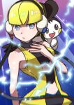  1girl bangs bare_arms blonde_hair blue_eyes blunt_bangs choker chromatic_aberration closed_mouth commentary_request electricity elesa_(pokemon) emolga grey_choker grey_eyes hand_up he72oh headphones highres pokemon pokemon_(creature) pokemon_(game) pokemon_bw pokemon_on_arm short_hair sleeveless upper_body 