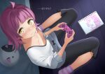  1girl apollo_(hu_maple) bangs black_pants blush brown_eyes closed_mouth collarbone commentary controller eyebrows_visible_through_hair feet_out_of_frame from_above game_controller highres holding long_sleeves looking_at_viewer looking_up love_live! love_live!_nijigasaki_high_school_idol_club no_shoes notebook on_floor pants pink_hair puffy_long_sleeves puffy_sleeves shirt sitting socks solo striped striped_legwear tennouji_rina translated wariza white_shirt wooden_floor 