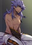  1boy absurdres bangs bright_pupils collarbone commentary_request dark-skinned_male dark_skin facial_hair highres indoors leggings leon_(pokemon) long_hair looking_to_the_side male_focus on_bed open_mouth pectorals pokemon pokemon_(game) pokemon_swsh purple_hair shirt short_shorts shorts sitting solo spread_legs stirrup_legwear teeth toeless_legwear undressing upper_teeth white_legwear white_pupils white_shorts yellow_eyes yunoru 