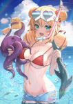  1girl :d absurdres akai_haato animal aqua_eyes bangs bikini blonde_hair blue_shorts blush breasts cleavage cloud cloudy_sky collarbone commentary_request day double_bun eyebrows_visible_through_hair fish haaton_(akai_haato) hair_between_eyes hair_ornament hair_ribbon heart heart-shaped_eyewear heart_hair_ornament highres holding holding_animal holding_fish hololive jjjjjjj long_hair looking_at_viewer medium_breasts micro_shorts nail_polish navel ocean octopus open_mouth outdoors pink_nails red_bikini red_ribbon ribbon shark shorts sky smile snorkel standing stomach string_bikini swimsuit virtual_youtuber wading water 
