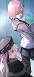  2girls absurdres book carrying commentary_request eyebrows_visible_through_hair fate/grand_order fate_(series) from_behind gloves grey_hair hair_over_one_eye hat highres looking_at_another mash_kyrielight multiple_girls nursery_rhyme_(fate) open_mouth pantyhose pink_hair purple_eyes short_hair smile yoshio_(55level) 