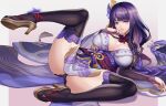  1girl bangs bare_shoulders braid braided_ponytail breasts cleavage detached_collar feet genshin_impact hair_ornament highres japanese_clothes kacyu kimono large_breasts long_hair long_sleeves looking_at_viewer lying mole mole_under_eye obi off_shoulder parted_lips purple_eyes purple_hair purple_kimono purple_legwear raiden_shogun sash shrug_(clothing) solo spread_legs tabi thighhighs wide_sleeves 