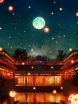  1girl architecture basket chimney commentary_request east_asian_architecture floating from_outside full_moon highres holding moon moonlight mountain night night_sky orb original plant pond reflection reflective_water rooftop scenery shuu_illust silhouette sky smoke solo star_(sky) tree window 