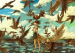  1girl bird blue_sky brown_hair chicken cloud flying original pelican pleated_skirt rooster scenery school_uniform serafuku shoes shoes_on_hands shoes_removed short_hair skirt sky summer-eyes 