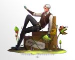  1boy artist_name black_footwear black_gloves black_pants black_vest box brown_headwear english_text full_body gloves hat heart long_sleeves male_focus n-i-s-s-i pants pitcher_plant plant poison shoes sitting solo thigh_strap venus_flytrap vest white_background white_hair 