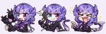  &gt;_&lt; 1girl animal_on_hand apex_legends black_sweater blue_eyes braid chibi dragon ember_(selen_tatsuki) fang fang_out fangs gun hair_ornament hairclip handgun head_wings heterochromia holding holding_gun holding_weapon lanyard laughing medium_hair multiple_views muzzle nijisanji nijisanji_en p2020_(pistol) pistol pointing purple_eyes purple_hair selen_tatsuki skin_fang skin_fangs smile sumiya_nadateru sweater twin_braids virtual_youtuber weapon 