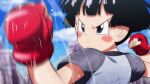  1girl black_hair blue_sky blurry blurry_background blush_stickers child closed_mouth cloud dragon_ball dragon_ball_super dragon_ball_super_super_hero fingerless_gloves gloves grey_eyes pan_(dragon_ball) punching red_gloves rom_(20) shirt short_hair short_sleeves sky solo sweat v-shaped_eyebrows 