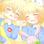  1boy 1girl banana blonde_hair blush bow brother_and_sister child closed_eyes commentary_request drooling eyebrows_visible_through_hair food fruit hair_bow hair_ornament hairpin highres holding_hands kagamine_len kagamine_rin kindergarten_uniform lying name_tag on_back open_mouth partial_commentary ri04sa01 siblings sleeping smile stuffed_animal stuffed_bunny stuffed_toy vocaloid younger 