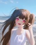  1girl :d beach blue_sky brown_hair eyebrows_visible_through_hair fang heart heart-shaped_pupils highres llttyyyuu long_hair looking_at_viewer open_mouth original photo_background pink_eyes skin_fang sky smile solo symbol-shaped_pupils tank_top twintails upper_body white_tank_top 