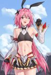  1boy armor astolfo_(fate) astolfo_(saber)_(fate) bangs bare_shoulders belt black_gloves black_shirt black_skirt blush bow bowtie crop_top crossdressing detached_sleeves elbow_gloves fate/grand_order fate_(series) faulds gloves hair_bow hair_intakes hair_ribbon long_hair looking_at_viewer low_twintails male_focus midriff multicolored_hair navel open_mouth otoko_no_ko pink_hair purple_eyes ribbon sarhce shirt skirt smile solo streaked_hair thighs twintails white_hair wide_sleeves 