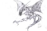  bahamut_lagoon check_copyright concept_art copyright_request dragon greyscale hitoshi_sasaki monochrome no_humans signature simple_background third-party_source traditional_media white_background wings 