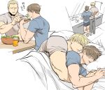  2boys bangs bara bed bed_sheet blonde_hair brown_hair couple eating feeding food fork holding holding_fork hug hug_from_behind incoming_food jack_krauser leon_s._kennedy looking_at_another lying male_focus multiple_boys multiple_views muscular muscular_male on_bed on_side pants pillow psmhbpiuczn resident_evil resident_evil_4 resident_evil_darkside_chronicles shirt short_hair shorts sleeping translated under_covers white_background yaoi 