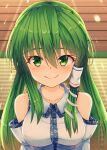  1girl bangs bare_shoulders breasts closed_mouth collared_shirt commentary detached_sleeves eyebrows_visible_through_hair frog_hair_ornament green_eyes green_hair hair_between_eyes hair_ornament hair_tubes highres kochiya_sanae large_breasts light_rays long_hair looking_at_viewer nontraditional_miko shirt smile snake_hair_ornament solo touhou upper_body wide_sleeves yosshy 