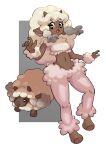  1girl animal_ears arm_warmers barefoot big_hair black_eyes breasts commentary creature_and_personification dark-skinned_female dark_skin english_commentary full_body highres horns knees kurt_robinson looking_down navel open_mouth pants personification pokemon pokemon_(creature) rectangular_pupils sheep_ears sheep_girl sheep_horns sidelocks sleeveless tongue wooloo 