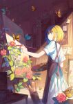  1girl absurdres apron bangs black_apron blonde_hair blue_eyes bug butterfly commentary dress easel flower hand_up highres holding holding_paintbrush holding_palette indoors monarch_butterfly original paintbrush painting palette_(object) plant rose shi-ro short_hair short_sleeves solo standing vines white_dress 
