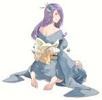  1girl alternate_costume alternate_hairstyle bare_shoulders barefoot blush breasts camilla_(fire_emblem) closed_mouth feet fire_emblem fire_emblem_fates flower full_body hair_flower hair_ornament hair_over_one_eye highres japanese_clothes kimono kneeling large_breasts long_hair long_sleeves looking_at_viewer no_shoes purple_eyes purple_hair sakuremi signature sitting smile soles solo wariza wavy_hair white_background yukata 