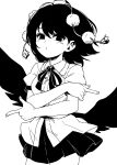  1girl bird_wings black_hair black_ribbon black_skirt black_wings breasts closed_mouth collared_shirt cowboy_shot dress_shirt feathered_wings greyscale hat maguro_(mawaru_sushi) monochrome neck_ribbon pleated_skirt pointing pom_pom_(clothes) puffy_short_sleeves puffy_sleeves ribbon shameimaru_aya shirt short_hair short_sleeves skirt small_breasts solo tassel tokin_hat touhou white_background white_shirt wings 