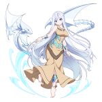  1girl barefoot blue-eyes_white_dragon blue_eyes braid breasts brown_dress circlet dragon dress duel_monster headband highres large_breasts long_dress long_hair maiden_with_eyes_of_blue rx7649 solo very_long_hair white_hair yu-gi-oh! 