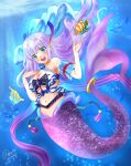  1girl :d another_eden artist_name blue_background blue_eyes blush breasts brooch dated day full_body highres horns jewelry meiko_anoden mermaid monster_girl navel oni_horns purple_hair see-through smile solo tropical_fish underboob underwater 