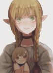  1girl bangs blonde_hair blush braid button_eyes character_doll choker crying crying_with_eyes_open doll dungeon_meshi elf falin_thorden green_eyes hair_over_shoulder highres long_hair looking_at_viewer marcille pointy_ears quad_braids quad_tails r06ku scared simple_background solo straight-on stuffed_toy tears upper_body wavy_hair white_background younger 