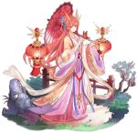  1girl ark_order artist_request bangs bug butterfly butterfly_on_hand chinese_clothes closed_mouth dress earrings energy_horns faux_figurine fence full_body grass green_eyes hair_ornament hanfu holding holding_umbrella jewelry lantern long_hair long_sleeves looking_at_viewer necklace official_art oil-paper_umbrella pink_dress red_hair shawl sidelocks smile solo stairs stone tassel transparent_background tree umbrella very_long_hair wide_sleeves xihe_(ark_order) 