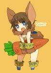  1girl animal_ears blue_eyes breasts brown_gloves brown_hair brown_tail carrot chrono_cross cleavage_cutout clothing_cutout fur_collar gloves janice looking_at_viewer mota open_mouth rabbit_ears short_hair simple_background smile solo tail 