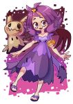  1girl :d acerola_(pokemon) armlet bangs collarbone commentary dress eyelashes flip-flops flipped_hair hair_ornament hairclip highres kurt_robinson looking_at_viewer medium_hair mimikyu multicolored_clothes multicolored_dress open_mouth pokemon pokemon_(creature) pokemon_(game) pokemon_sm purple_dress purple_eyes purple_hair sandals short_sleeves smile stitches tongue topknot torn_clothes torn_dress 