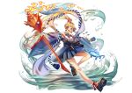  1girl :d absurdres another_eden axolotl blonde_hair blue_skirt fire full_body gohei hair_bobbles hair_ornament highres holding holding_staff long_hair looking_at_viewer nefula14 skirt smile staff tassel twintails water white_background 