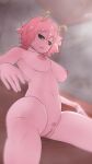  1girl 3d arm_rest ashido_mina black_sclera blurry blurry_background boku_no_hero_academia breasts colored_pubic_hair colored_sclera colored_skin completely_nude eyebrows_visible_through_hair female_pubic_hair foreshortening from_below greatm8 groin hair_ornament half-closed_eyes highres horns indoors looking_down md5_mismatch medium_breasts medium_hair navel nipples nude parted_lips pink_hair pink_pubic_hair pink_skin pubic_hair pussy sauna sitting solo sparse_pubic_hair spread_legs steam stomach sweat wet wet_hair yellow_eyes 