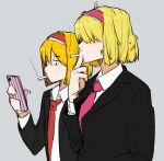  2girls alice_margatroid alternate_costume bad_id bad_twitter_id bangs black_eyes black_jacket blazer blonde_hair cellphone cigarette collared_shirt commentary_request cookie_(touhou) eyebrows_visible_through_hair finger_to_mouth flat_chest grey_background hair_over_eyes hairband hatching_(texture) holding holding_phone jacket jigen_(cookie) long_sleeves looking_at_phone multiple_girls necktie ohasi phone pink_hairband pink_necktie red_hairband red_necktie shirt short_hair simple_background smartphone smartphone_case smoking taisa_(cookie) touhou upper_body white_shirt 